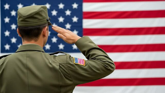 Soldier in military uniform saluting in front of large American flag symbolizing national pride, honor, respect patriotism. USA independent, memorial day. 4th of July, Labour, Veterans, Remember day