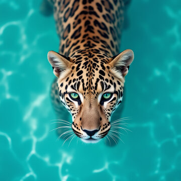 leopard in blue water