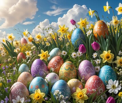 Magical Easter scene with eggs in floral field