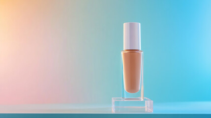 Photo of a bottle of foundation on a glass stand, with a pastel background and copy space for text.