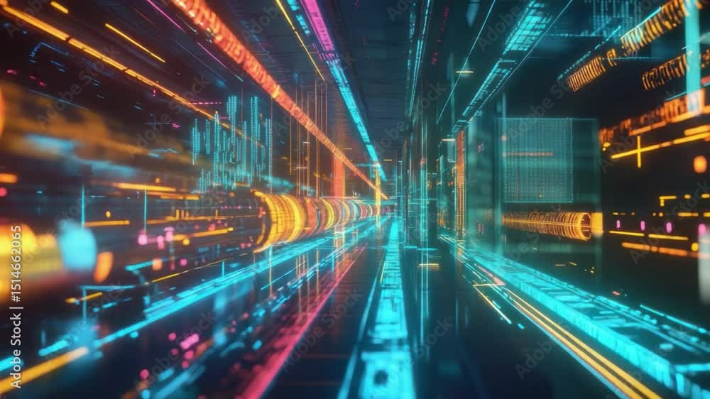 Poster neon data highway: an abstract digital rendering depicts a vibrant network of interconnected data st