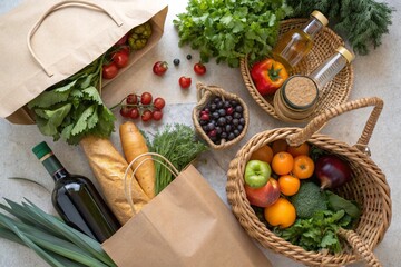 Aesthetic top-down shot of a farmers’ market haul: fresh fruits and vegetables, herbs, brown paper bags, glass bottles, and woven baskets. Earthy tones, natural light.
