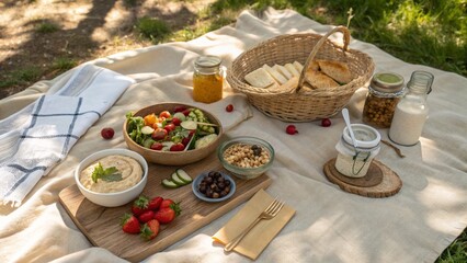 Flatlay of a vegan picnic scene: hummus, salad bowls, fruit, reusable cutlery, cloth napkins, and mason jars on a beige picnic blanket. Sunny outdoor vibe.