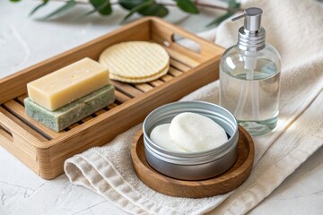 Close-up of a zero-waste bathroom setup: shampoo bar, soap in a tin, reusable cotton pads, and a glass dispenser bottle on a wooden tray. Clean, natural, and minimal.