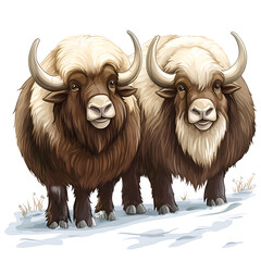 Two muskoxen, cartoon 3d ,isolated on transparent white background