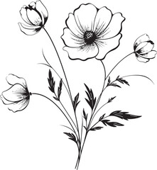 Beautiful wildflower tattoo element vector in clean black outlines Graceful black floral tattoo design with refined organic shapes
