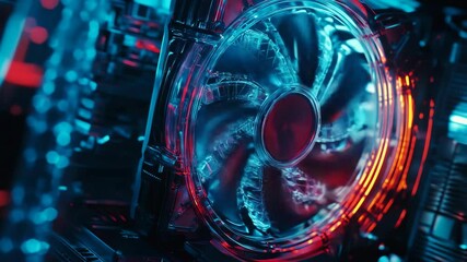 Illuminated cooling fan of computer system with blue and red lights