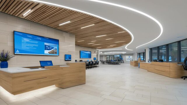 Modern reception area in institutional building with digital displays and wood accents