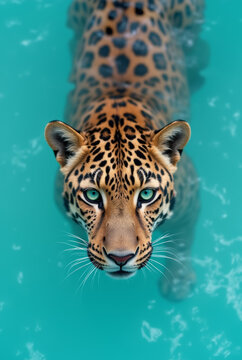leopard in blue water