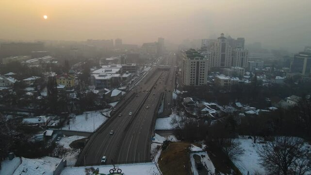 Drone view of Al-Farabi Avenue in Almaty, Kazakhstan