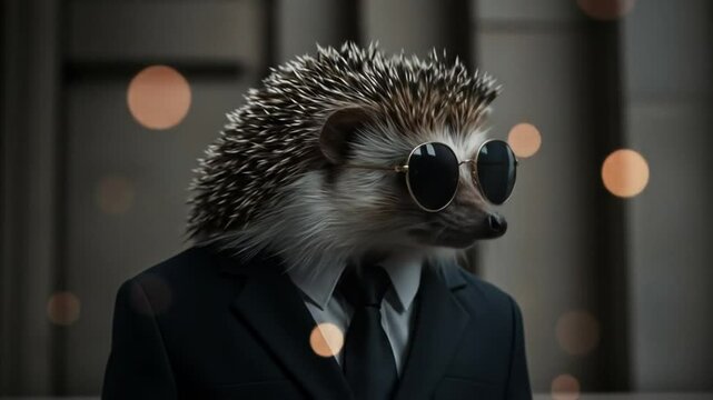 Suited Hedgehog: A dapper hedgehog, decked out in a formal suit and stylish sunglasses, exudes cool confidence against a blurred city backdrop.