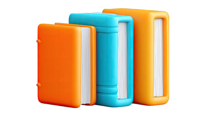 Three stylized books in vibrant orange, teal, and orange colors, arranged in a row