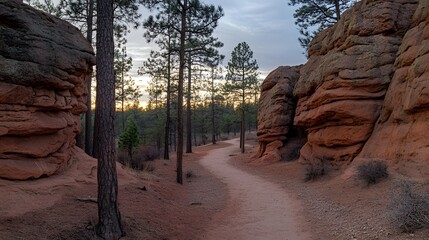 Obraz premium Scenic Sunset Hike Trail Winding Through Red Rock Formations