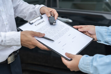 lease, rental car, sell, buy. Dealership send contract and car keys to new owner to sign. Sales, loan credit financial, rent vehicle, insurance, renting, Seller, dealer, installment, car care business