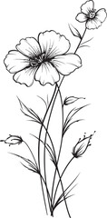 Elegant black wildflower tattoo element in delicate line art Artistic wildflower tattoo vector icon with soft and flowing lines