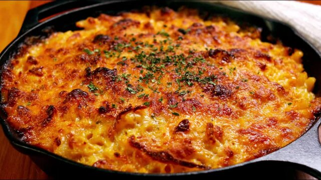 Golden baked macaroni and cheese in a cast iron skillet, a true comfort food.