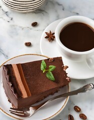 Delicious chocolate cake with coffee served on marble table in viennese cafe