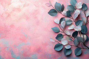Pink and blue background with eucalyptus leaves, flat lay composition, copy space for text