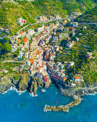 Riomaggiore of Cinque Terre, Italy - Traditional fishing village in La Spezia, situate in coastline of Liguria of Italy. Riomaggiore is one of the five Cinque Terre travel attractions.