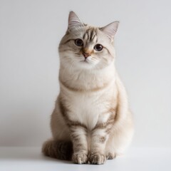 Calm Manx Cat Without Tail Sitting on Plain White Surface