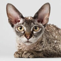 Curly-Furred Cornish Rex Cat with Large Ears on Gray Background