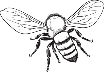 Detailed Black Bee Drawing with Refined Vector Lines Elegant Bee Illustration Featuring Flowing Black Vector Art