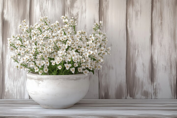 White flower arrangement in a white ceramic pot on a wooden background with copy space for text