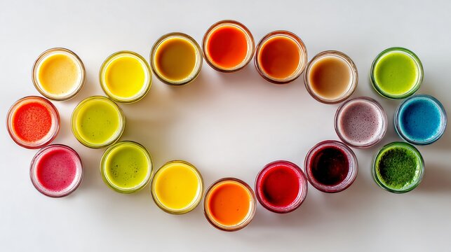 Flat lay of juice cups forming a circle in color spectrum, high-key background, no clutter