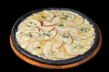 Pizza from black dough with cuttlefish ink pear blue cheese and honey.