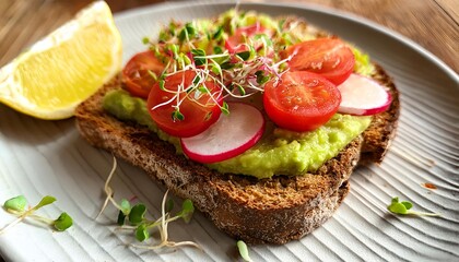 Creamy avocado toast garnished with fresh tomatoes, radishes, and microgreens