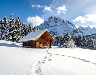 Snowy chalet nestled in mountains