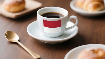 Coffee cup with Indonesian flag. Patriotic indonesian holiday morning breakfast concept. Independence Day celebration