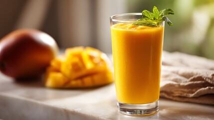 Minimalist mango smoothie in clear glass with garnish, placed on off-white ceramic tile