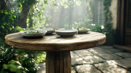 A rustic wooden pedestal table outdoors displays a charming picnic setup with plates of fresh, vibrant salads and greenery in a serene garden setting.