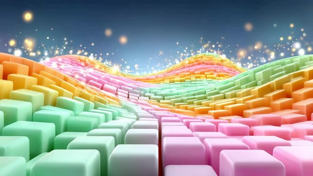 Abstract colorful waves with 3D cubes and sparkling lights.