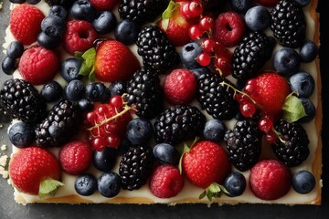 Obraz premium Beerenkuchen vom Blech Sommerbeeren Kuchen Frischkäsekuchen mit Beeren Blechkuchen mit Obst Erdbeer Heidelbeer Himbeer Brombeer Kuchen Früchtekuchen cremig Obstkuchen bunt Backidee Sommer