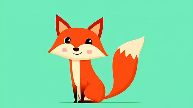 Cute cartoon fox sitting with a happy expression on a turquoise background, perfect for children&rsquo;s animation, educational content, or playful design themes.