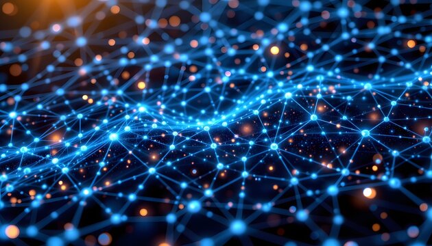 envision a radiant, crystal blue mesh of interconnected, glowing lines, a network of light resembling neurons firing, suspended over an infinite black void, this vibrant web spins slowly