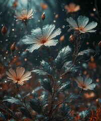 Flowers with glistening water drops grow vibrantly in a lush field