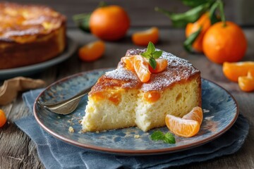 Mandarinenkuchen Schichtkuchen mit Fruchtspiegel Biskuitkuchen Fruchtkuchen Cremekuchen Tortenschnitte Mandarinencreme Geleeoberschicht Dessertst&uuml;ck Sommergeb&auml;ck Kuchendeko Kuchenfoto Foodfotografie