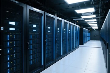 Modern data center with rows of servers. Black cabinets with blue glowing lights, advanced tech