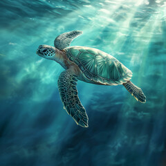 Watercolor painted sea turtle swimming in sunny ocean
