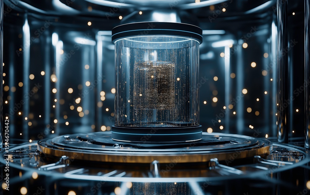 Poster a futuristic quantum computer core encased in glass, surrounded by glowing particles and advanced te