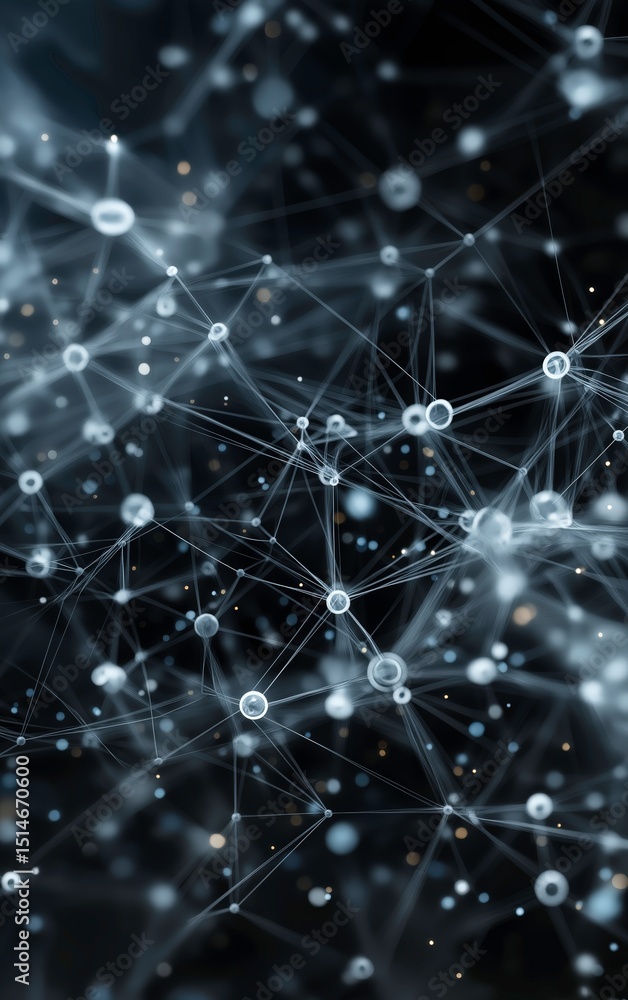 Poster abstract digital network with interconnected nodes and lines against a dark background, representing