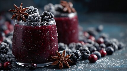 Winter berry smoothie with subtle frost accents and star anise, dark moody background
