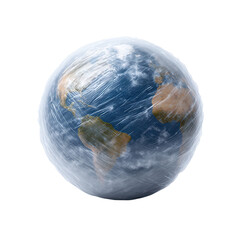 A planet wrapped tightly in plastic, symbolizing environmental issues and global conservation concerns.