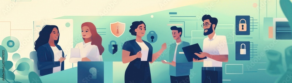 Poster a diverse team discusses cybersecurity and data privacy in a modern office with digital security ico