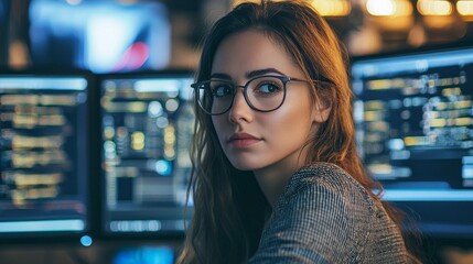 A woman with glasses is focused on her work in a contemporary office filled with computer screens. Bright lights reflect on her face as she processes complex data and code