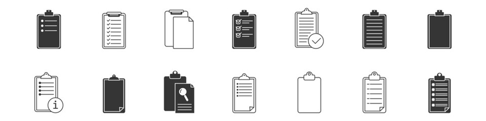 Collection of minimal checklist and clipboard icons, including task lists, documents, and forms in simple black and white design.