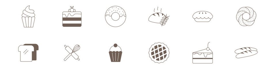 Collection of minimal bakery illustrations including cakes, bread, donuts, cupcakes, and baking tools in a simple brown line style.